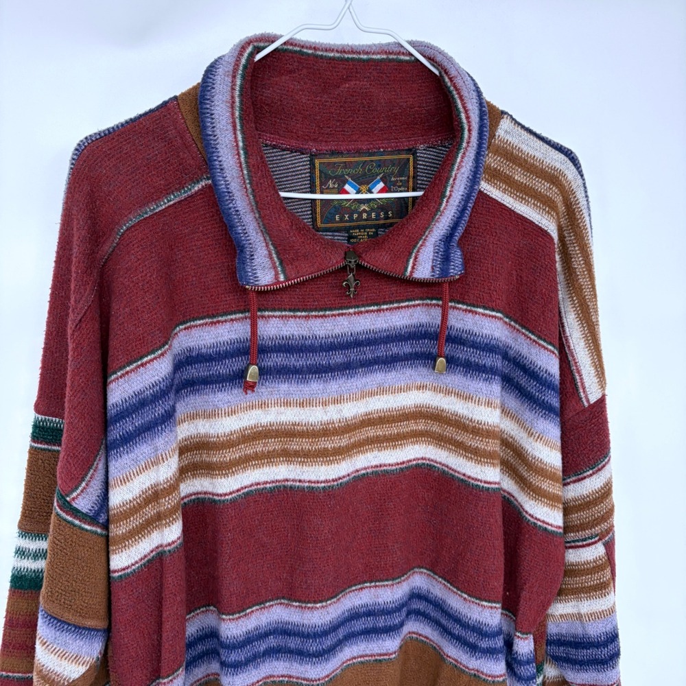 Vintage 90s French Country Express Mens Striped Quarter Zip Pullover Sweater Md - Picture 2 of 5